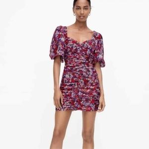 NWT Zara - Floral Printed Dress with Draping - Puff Sleeves - Ruching - Medium